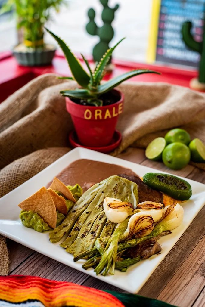 Grilled cactus, onions, guacamole and chips